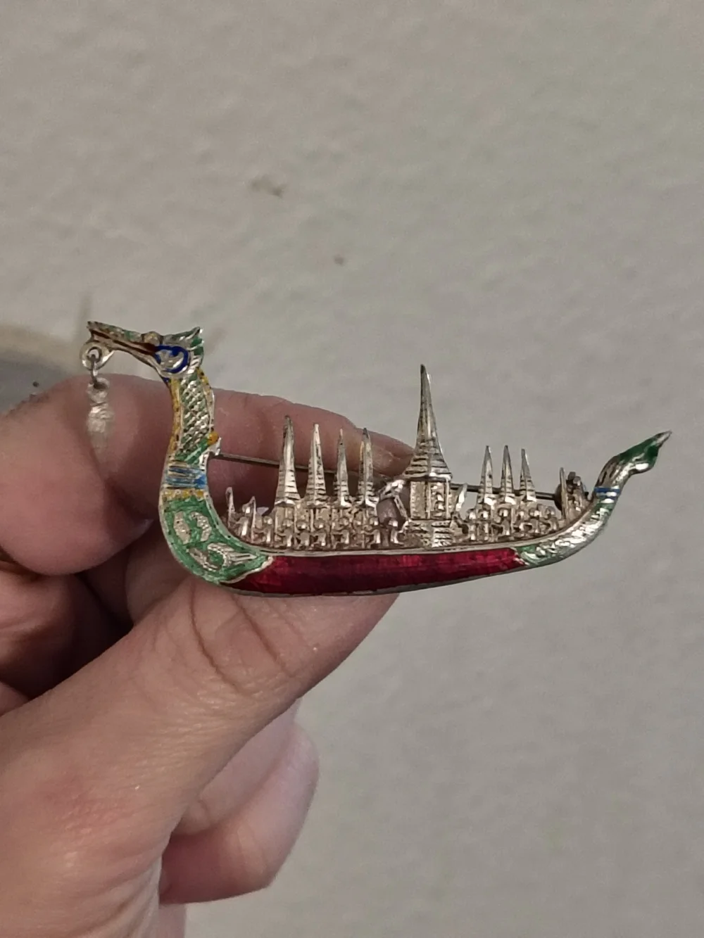 Vintage Siam Sterling Silver Thai Royal Dragon Boat Enamel Brooch Pin
